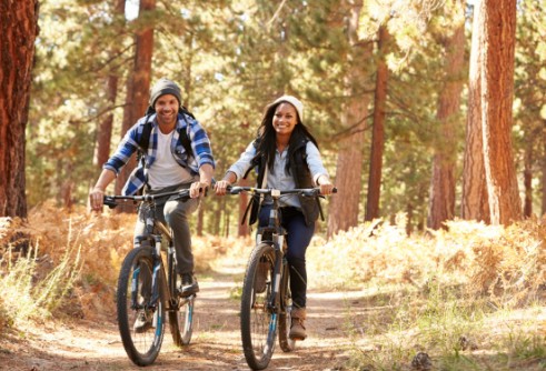 Two cyclisists riding in forest